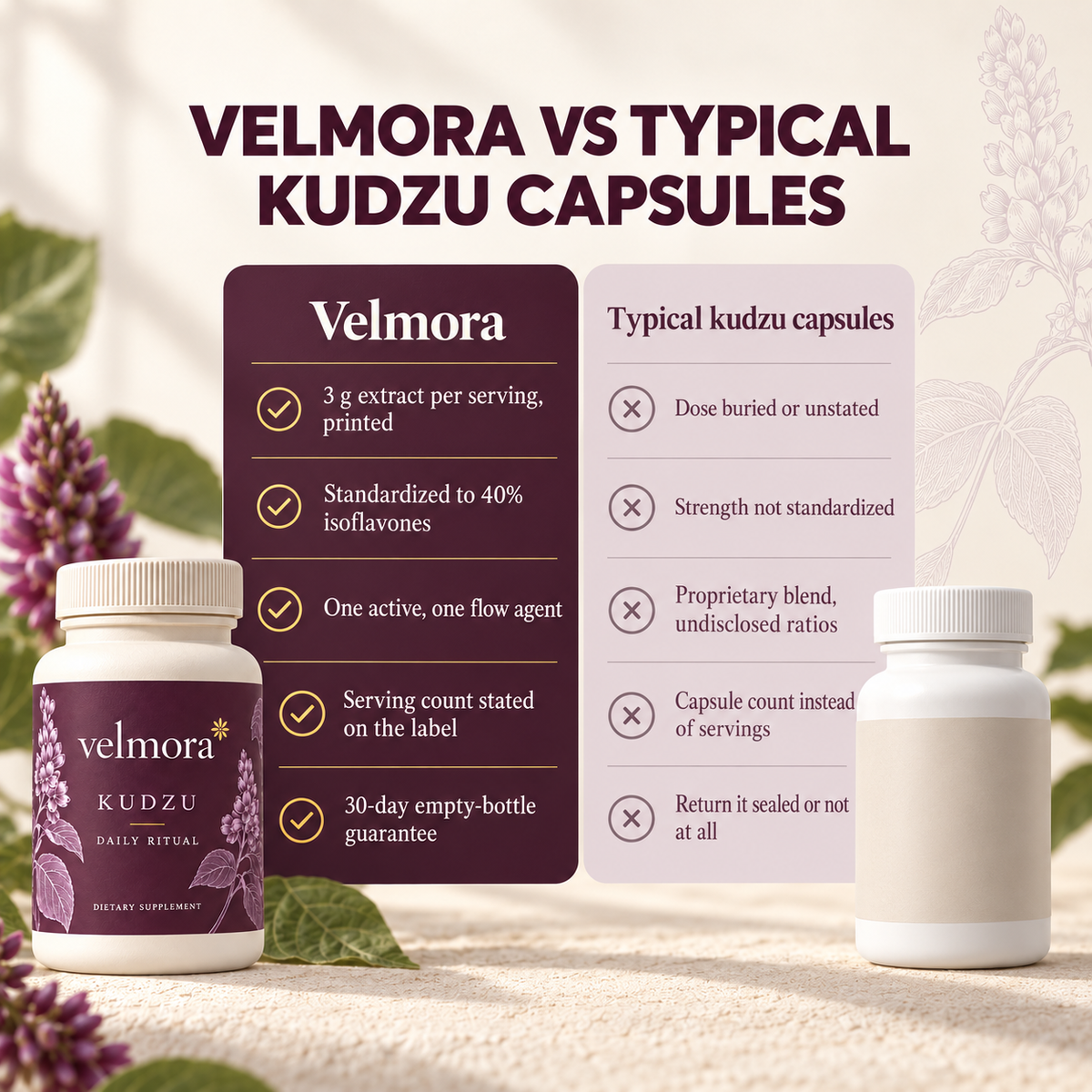 Velmora versus typical kudzu capsules. Printed dose, standardized strength, serving count and guarantee compared.