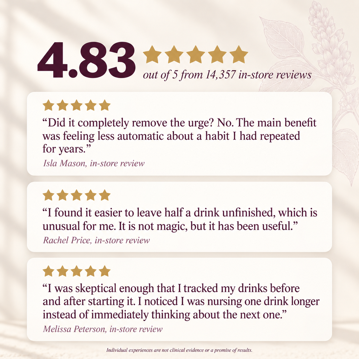 Rated 4.83 out of 5 from 14,357 in-store reviews, with three customer quotes.